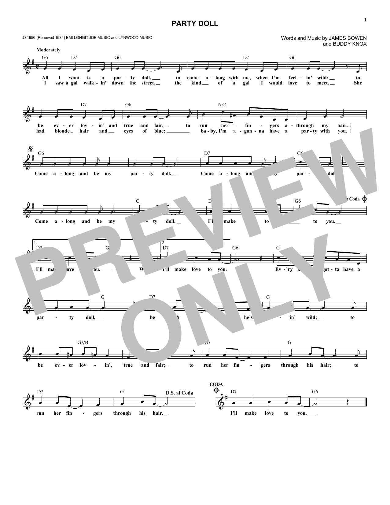 James Bowen Party Doll Sheet Music Notes & Chords for Melody Line, Lyrics & Chords - Download or Print PDF