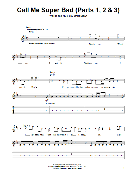 James Brown Call Me Super Bad (Parts 1, 2 & 3) Sheet Music Notes & Chords for Guitar Tab Play-Along - Download or Print PDF