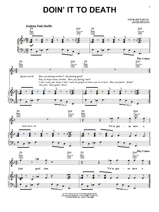 James Brown Doin' It To Death Sheet Music Notes & Chords for Piano, Vocal & Guitar (Right-Hand Melody) - Download or Print PDF