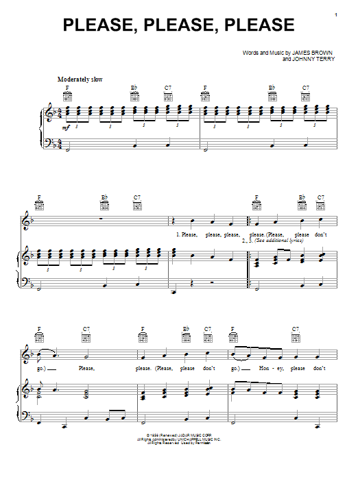 James Brown Please, Please, Please Sheet Music Notes & Chords for Piano, Vocal & Guitar (Right-Hand Melody) - Download or Print PDF