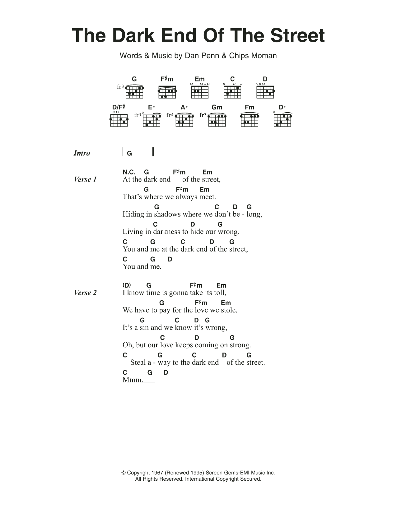 James Carr The Dark End Of The Street Sheet Music Notes & Chords for Lyrics & Chords - Download or Print PDF