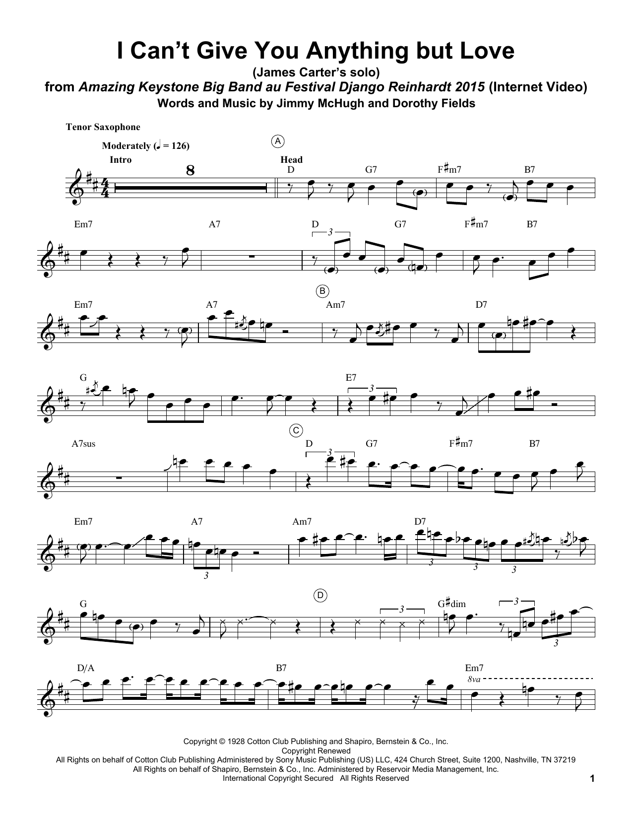 James Carter I Can't Give You Anything But Love Sheet Music Notes & Chords for Tenor Sax Transcription - Download or Print PDF