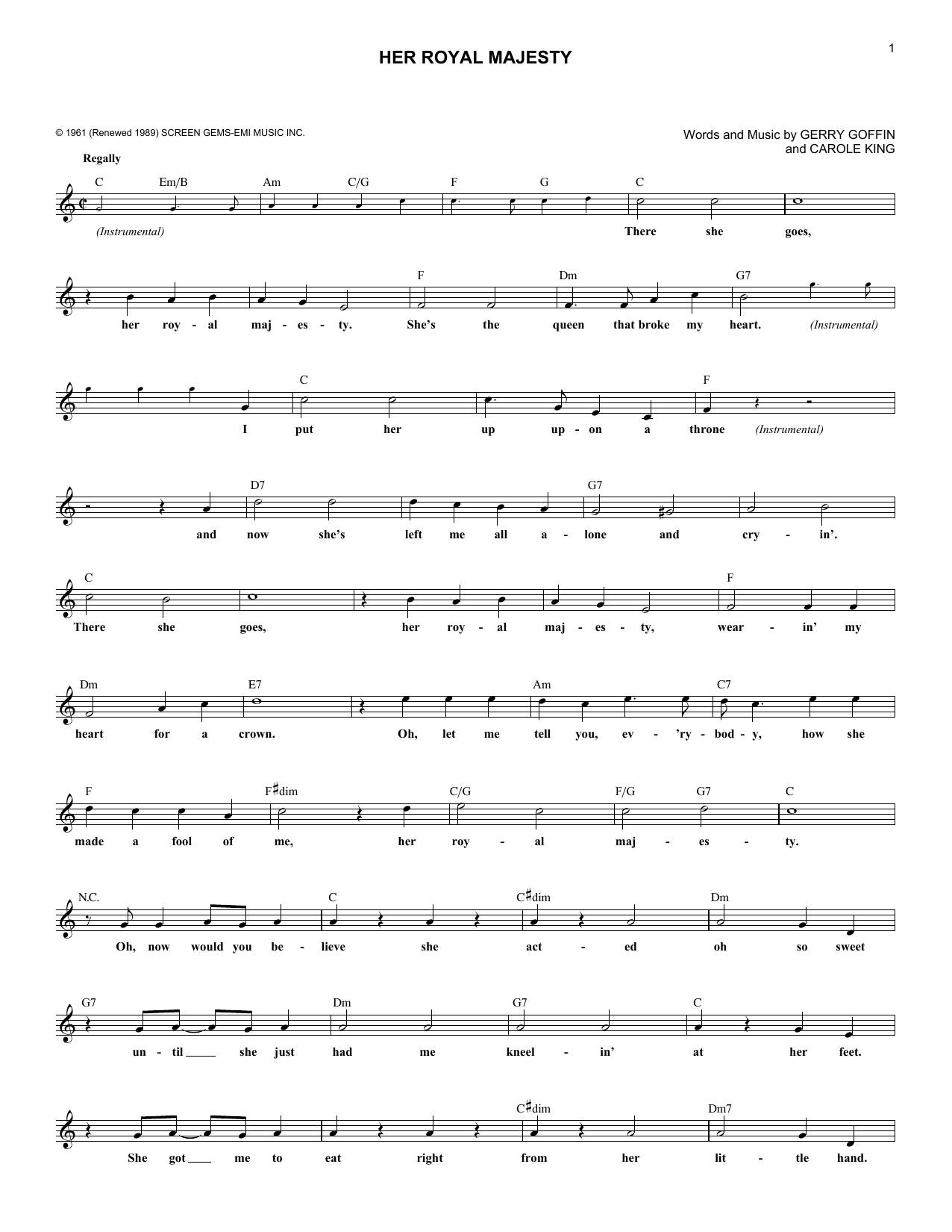 James Darren Her Royal Majesty Sheet Music Notes & Chords for Melody Line, Lyrics & Chords - Download or Print PDF