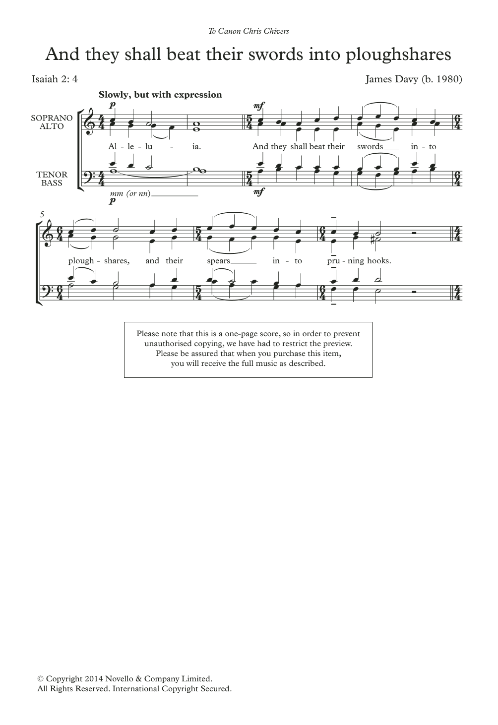 James Davy And They Shall Beat Their Swords Into Ploughshares Sheet Music Notes & Chords for Choir - Download or Print PDF