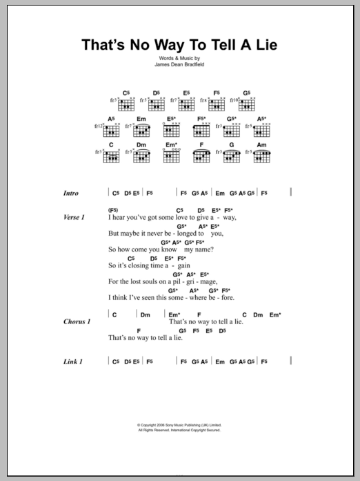 James Dean Bradfield That's No Way To Tell A Lie Sheet Music Notes & Chords for Lyrics & Chords - Download or Print PDF