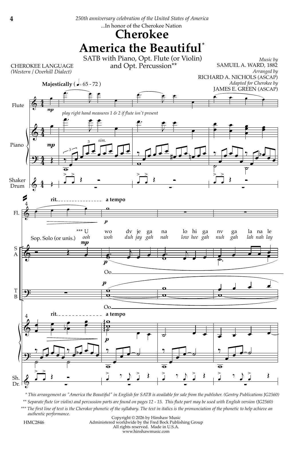 James E. Green Cherokee America the Beautiful Sheet Music Notes & Chords for SATB Choir - Download or Print PDF