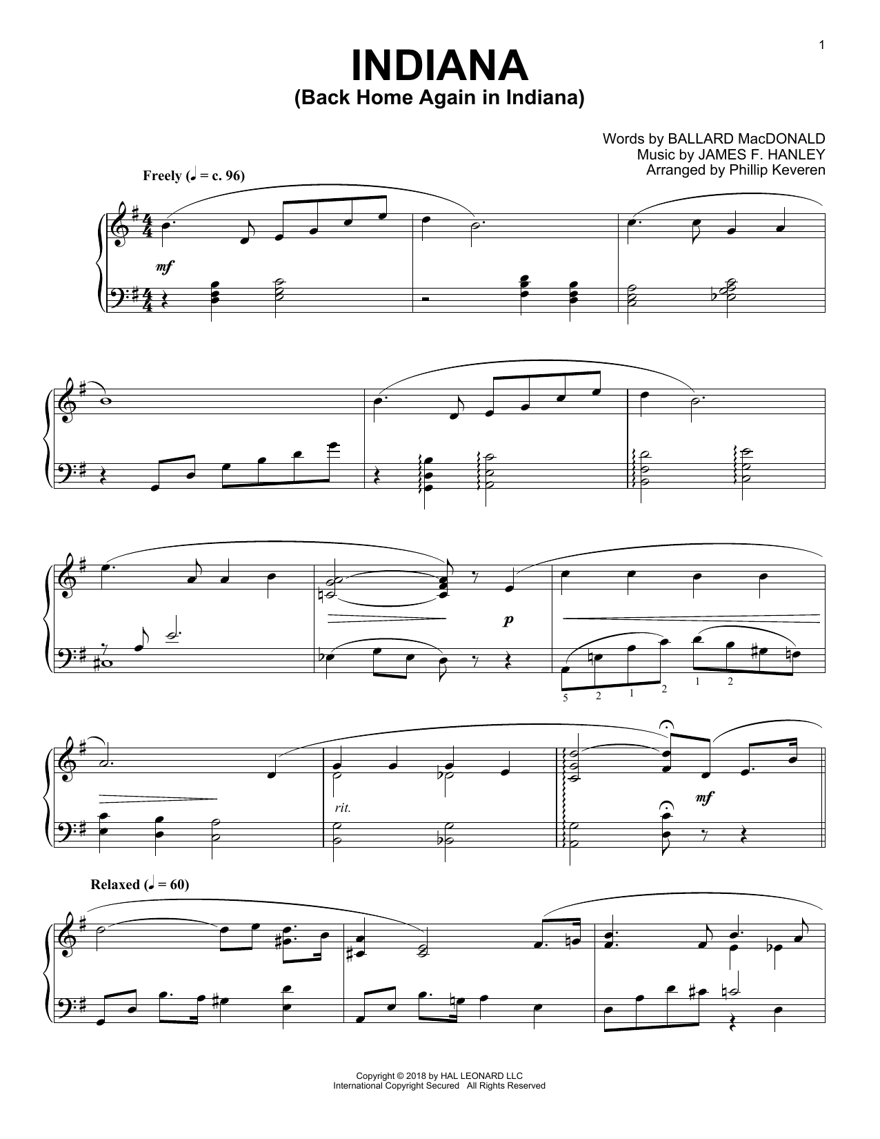 James F. Hanley Indiana (Back Home Again In Indiana) [Jazz version] (arr. Phillip Keveren) Sheet Music Notes & Chords for Piano - Download or Print PDF