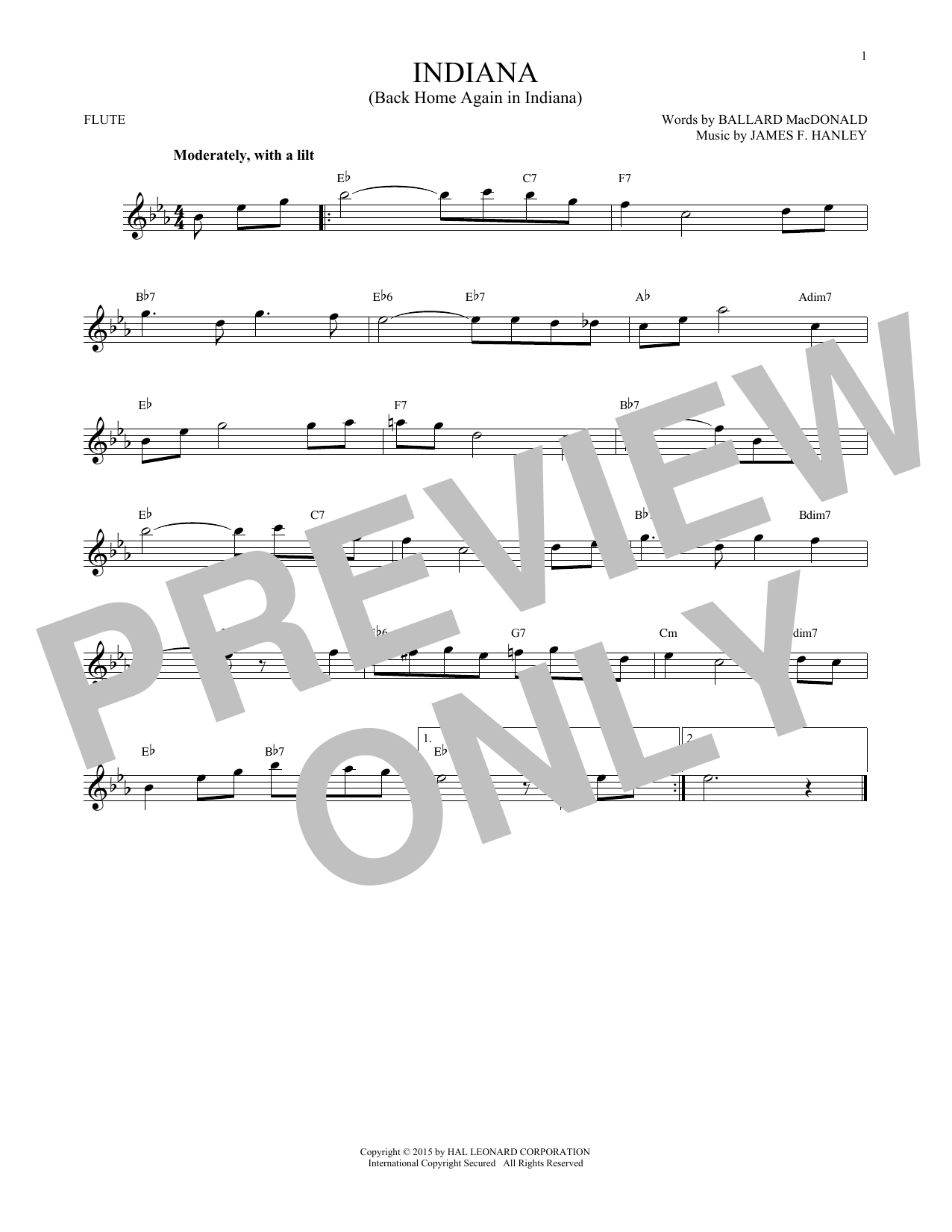 James F. Hanley Indiana (Back Home Again In Indiana) Sheet Music Notes & Chords for Melody Line, Lyrics & Chords - Download or Print PDF