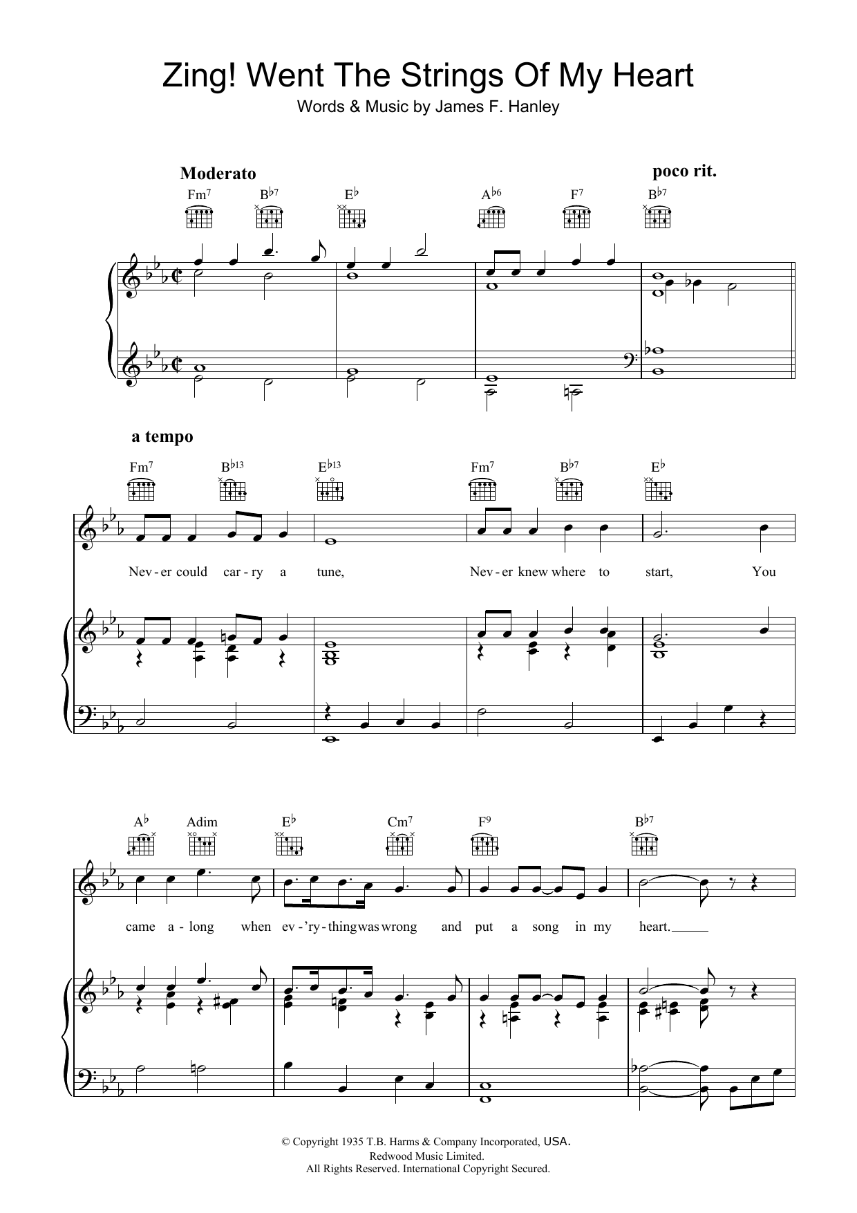 James F. Hanley Zing! Went The Strings Of My Heart Sheet Music Notes & Chords for Piano, Vocal & Guitar (Right-Hand Melody) - Download or Print PDF