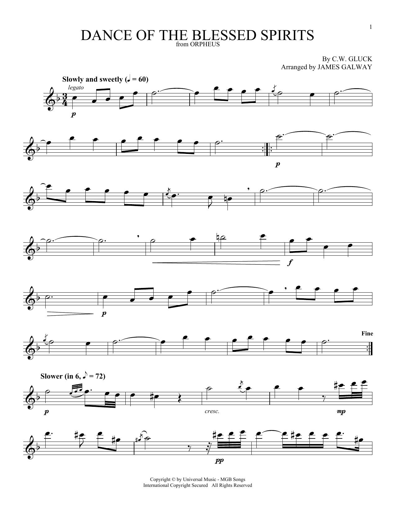 James Galway Dance Of The Blessed Spirits Sheet Music Notes & Chords for Flute Solo - Download or Print PDF