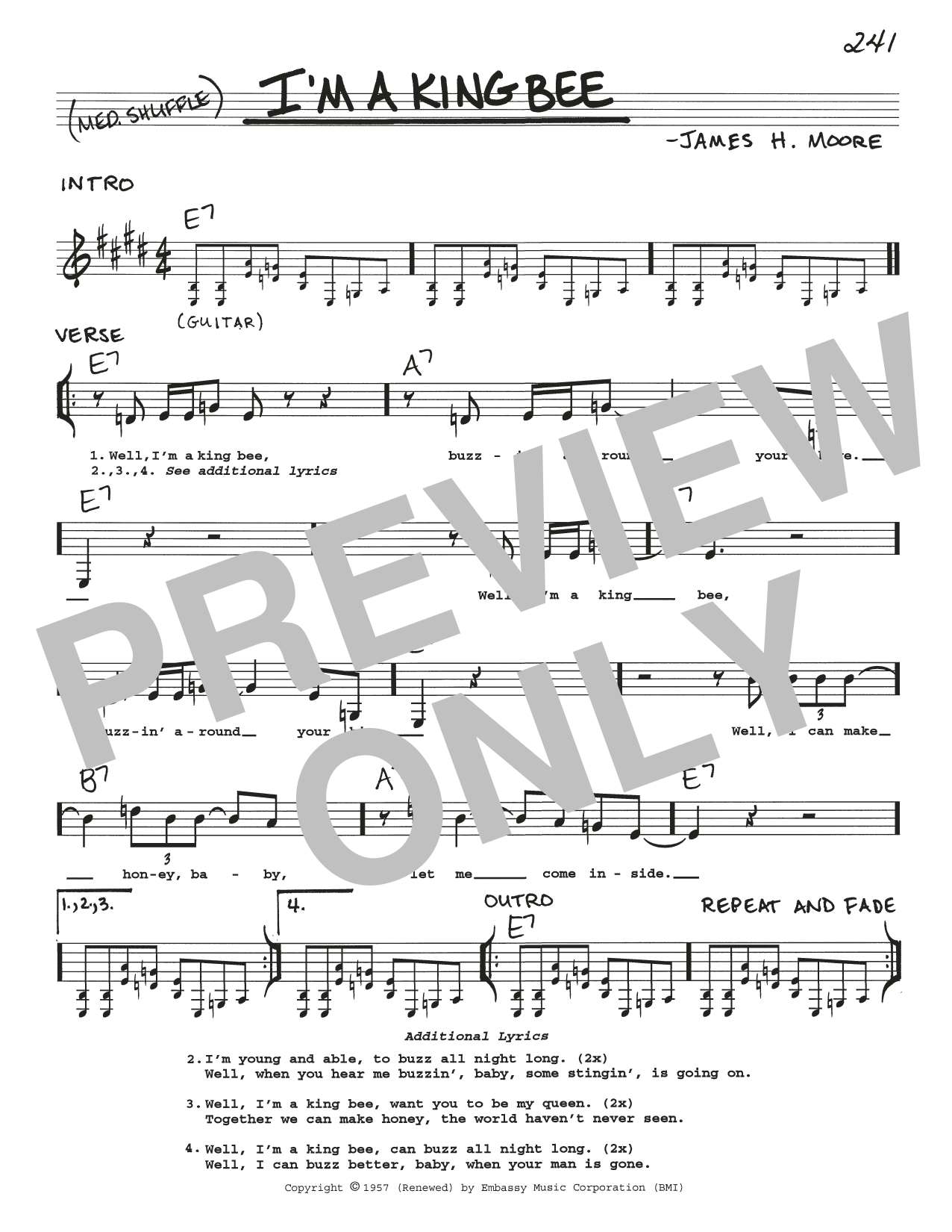 James H. Moore I'm A King Bee Sheet Music Notes & Chords for Real Book – Melody, Lyrics & Chords - Download or Print PDF