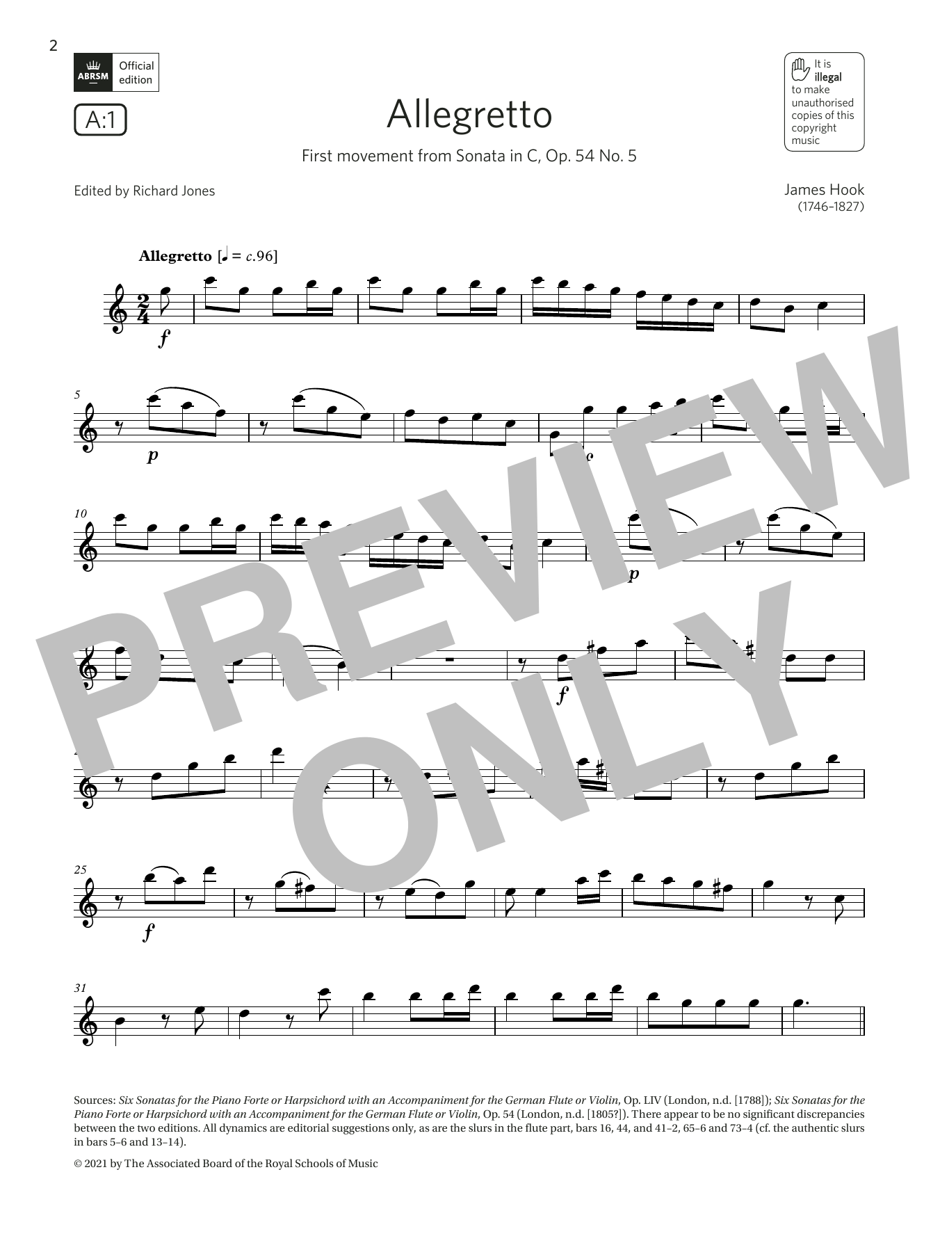 James Hook Allegretto (from Sonata in C, Op.54 No.5) (Grade 4 List A1 from the ABRSM Flute syllabus from 2022) Sheet Music Notes & Chords for Flute Solo - Download or Print PDF