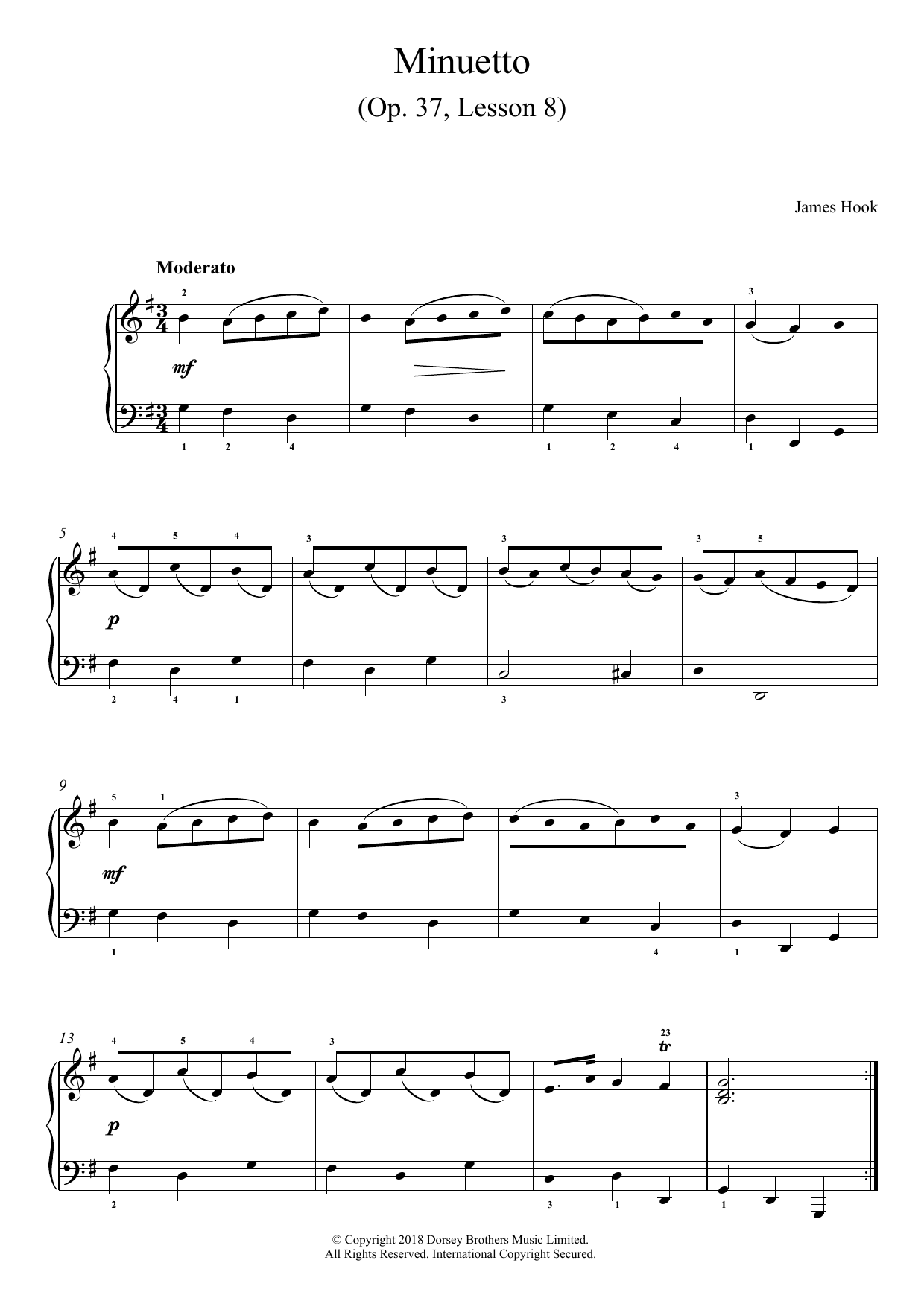 James Hook Minuetto Op. 37, Lesson 8 Sheet Music Notes & Chords for Piano - Download or Print PDF