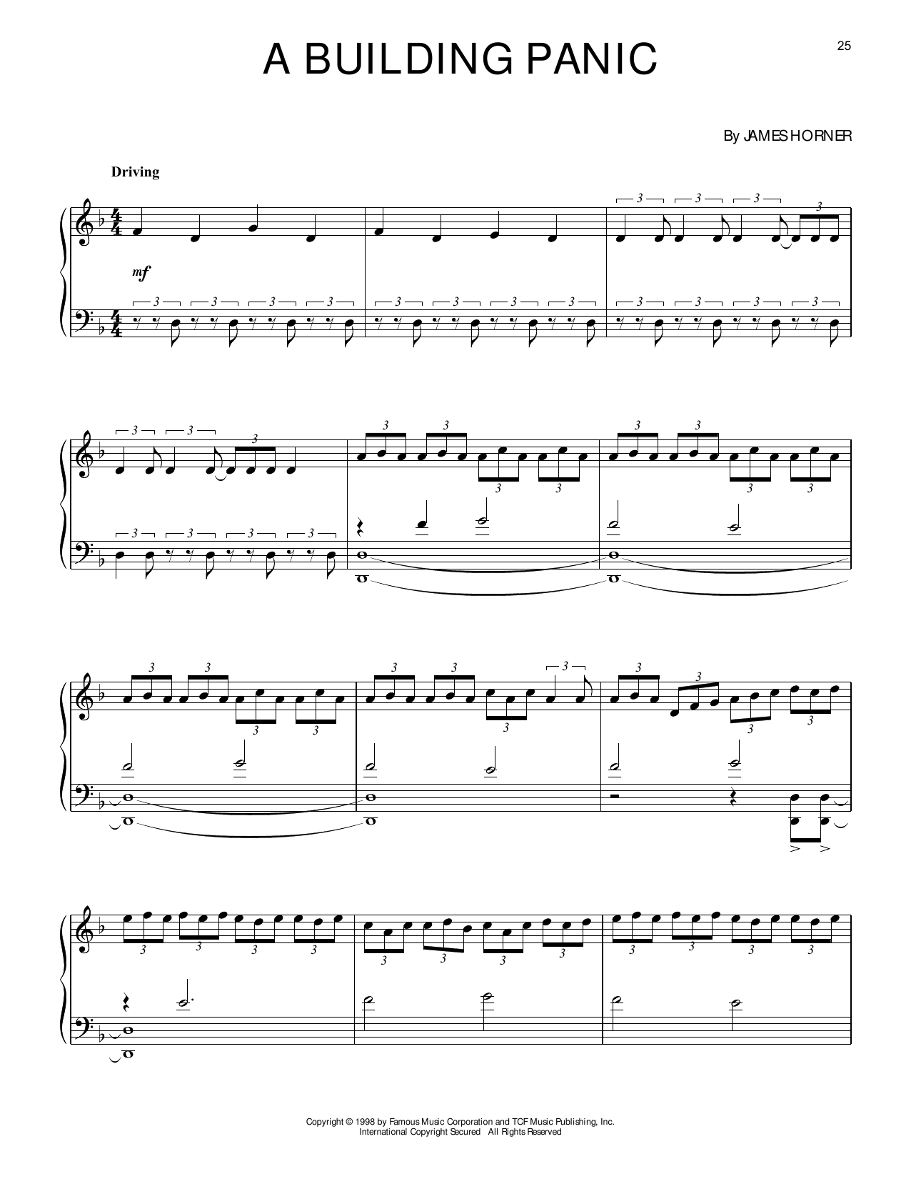James Horner A Building Panic (from Titanic) Sheet Music Notes & Chords for Piano Solo - Download or Print PDF