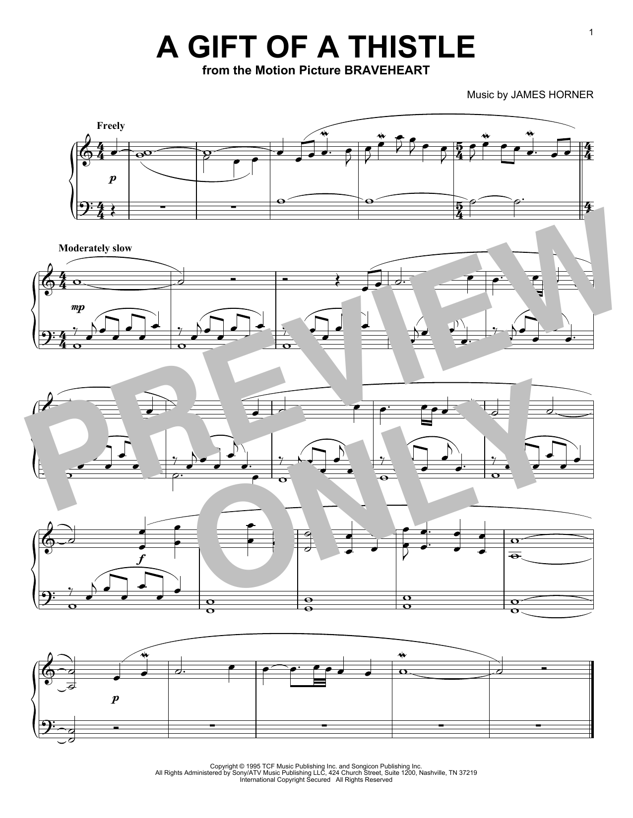 James Horner A Gift Of A Thistle Sheet Music Notes & Chords for Piano - Download or Print PDF