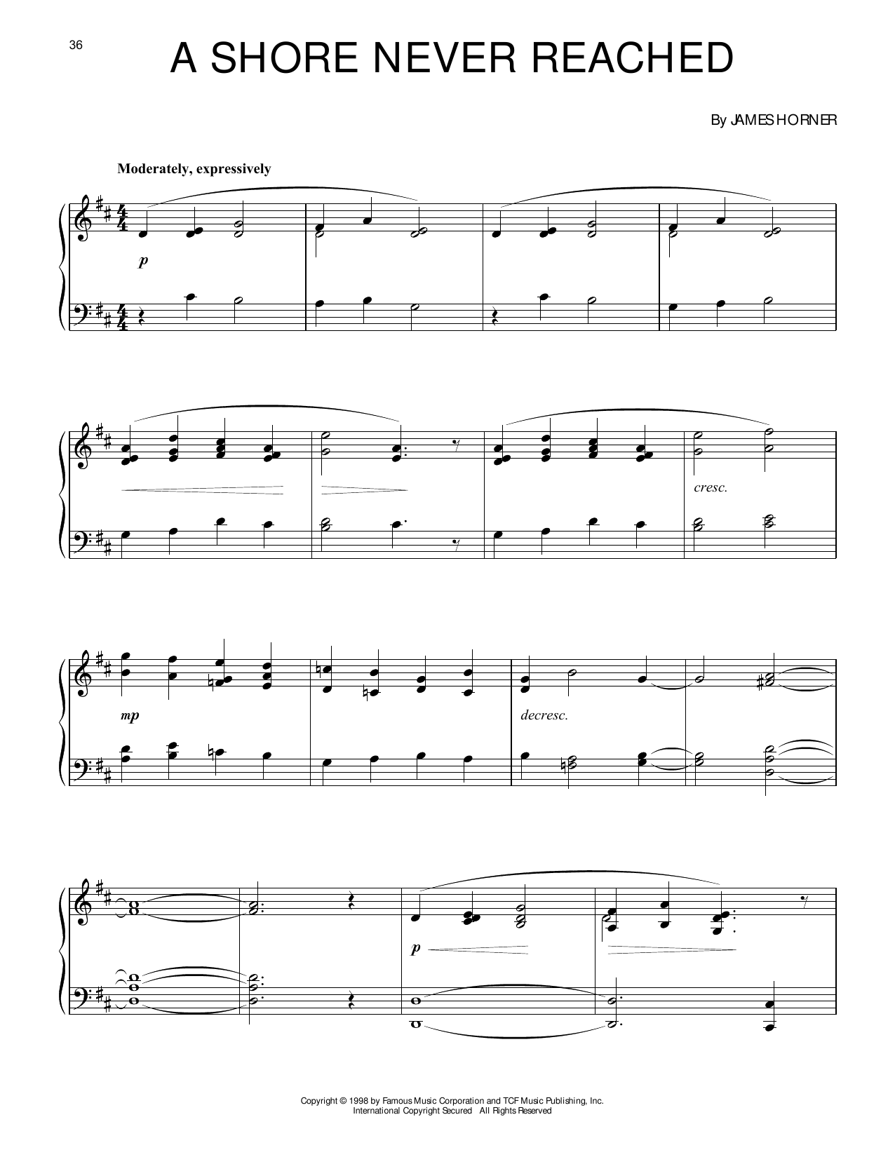James Horner A Shore Never Reached (from Titanic) Sheet Music Notes & Chords for Piano Solo - Download or Print PDF