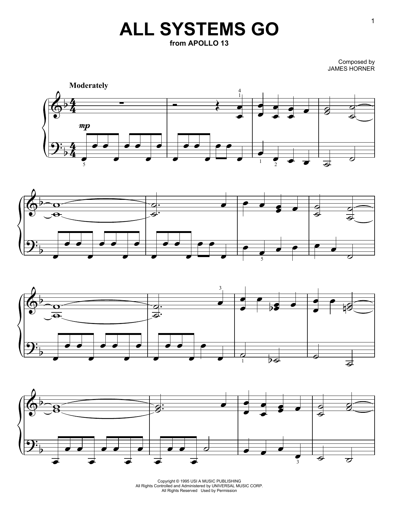 James Horner All Systems Go (from Apollo 13) Sheet Music Notes & Chords for Easy Piano - Download or Print PDF