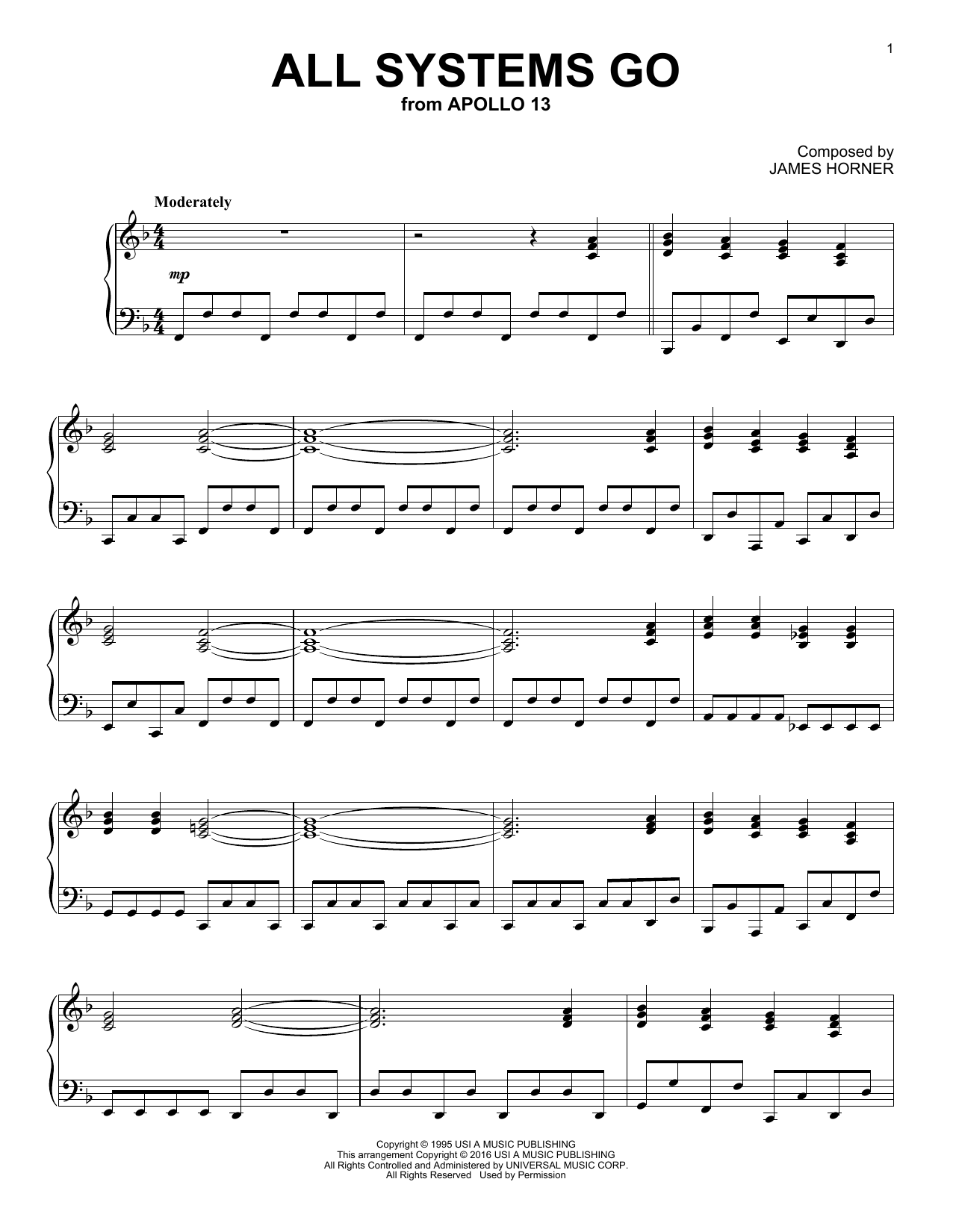 James Horner All Systems Go Sheet Music Notes & Chords for Piano - Download or Print PDF