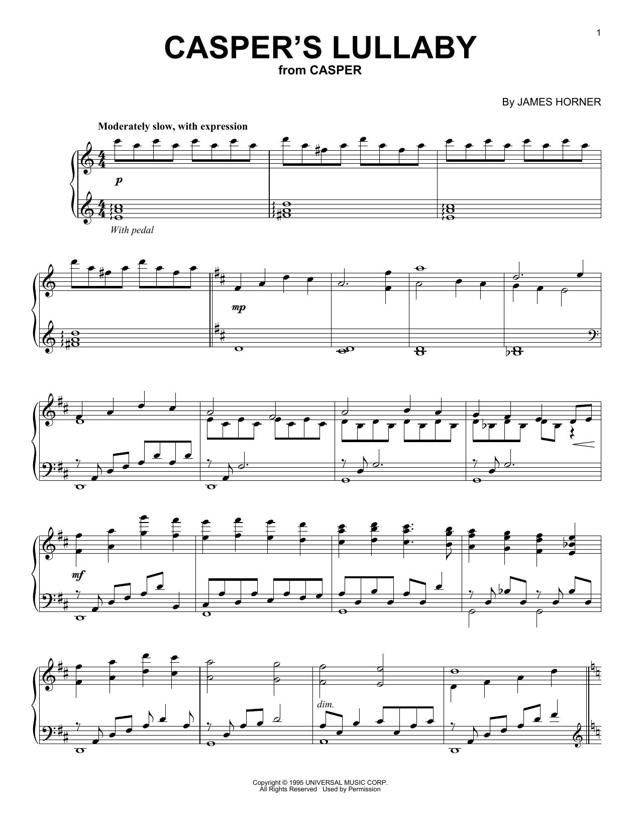 James Horner Casper's Lullaby Sheet Music Notes & Chords for Piano - Download or Print PDF