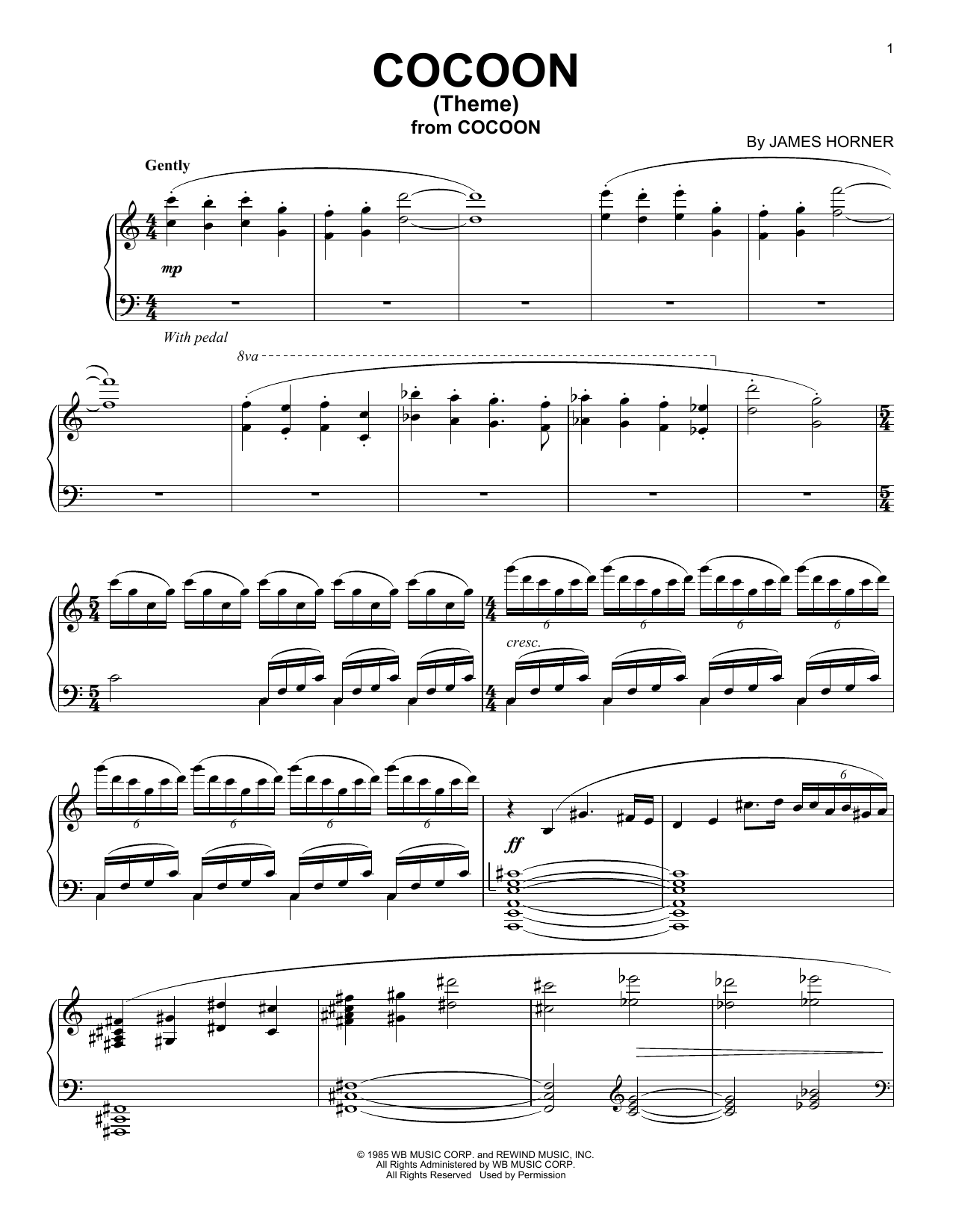 James Horner Cocoon (Theme) Sheet Music Notes & Chords for Piano - Download or Print PDF