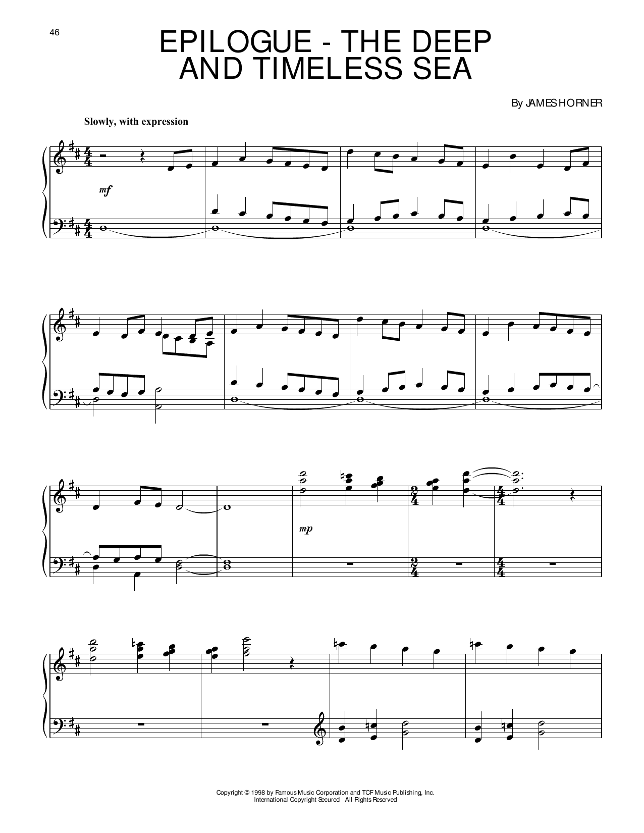 James Horner Epilogue - The Deep And Timeless Sea (from Titanic) Sheet Music Notes & Chords for Piano Solo - Download or Print PDF