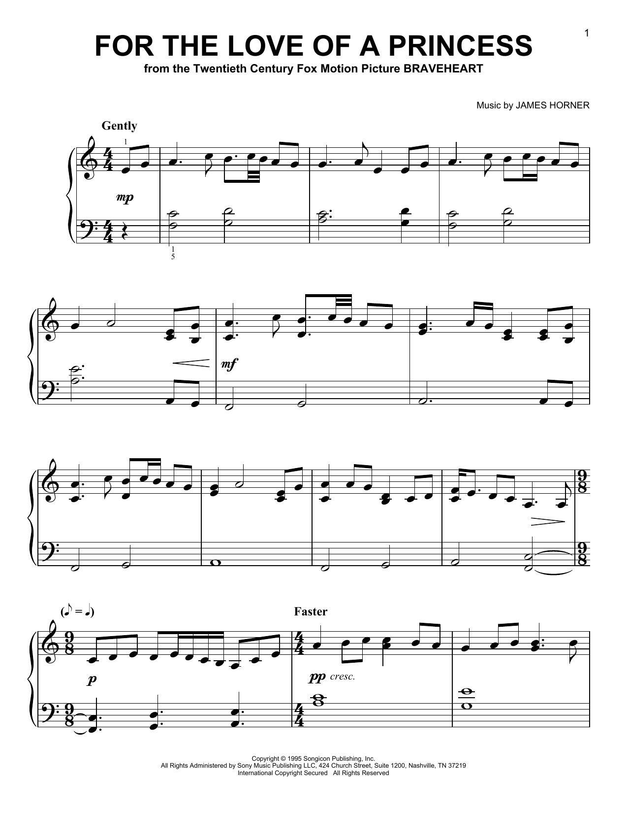 James Horner For The Love Of A Princess (from Braveheart) Sheet Music Notes & Chords for Big Note Piano - Download or Print PDF