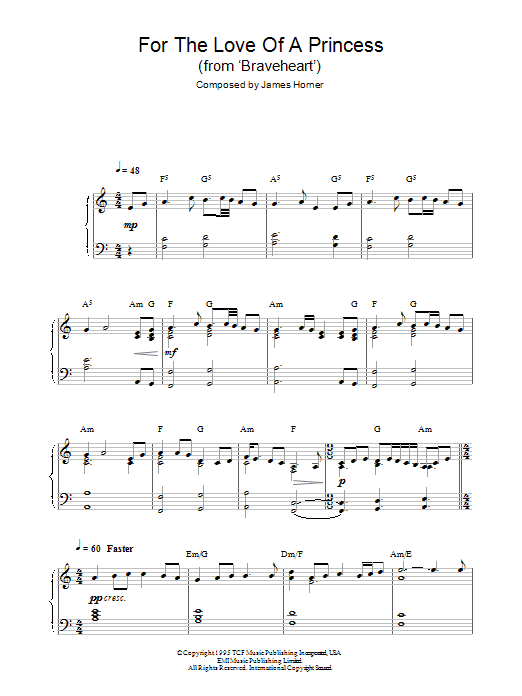 James Horner For The Love Of A Princess Sheet Music Notes & Chords for Piano - Download or Print PDF