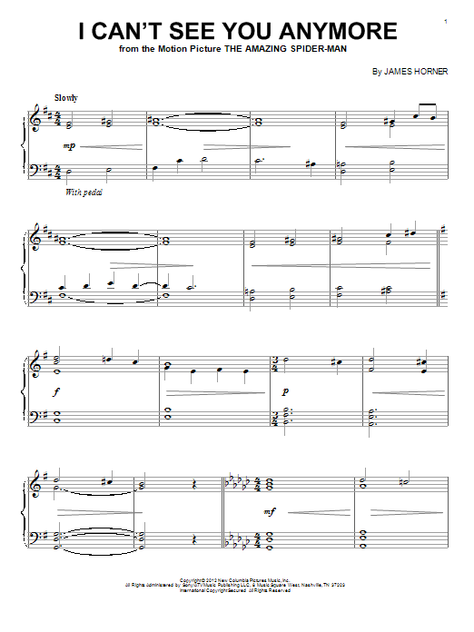 James Horner I Can't See You Anymore Sheet Music Notes & Chords for Piano - Download or Print PDF
