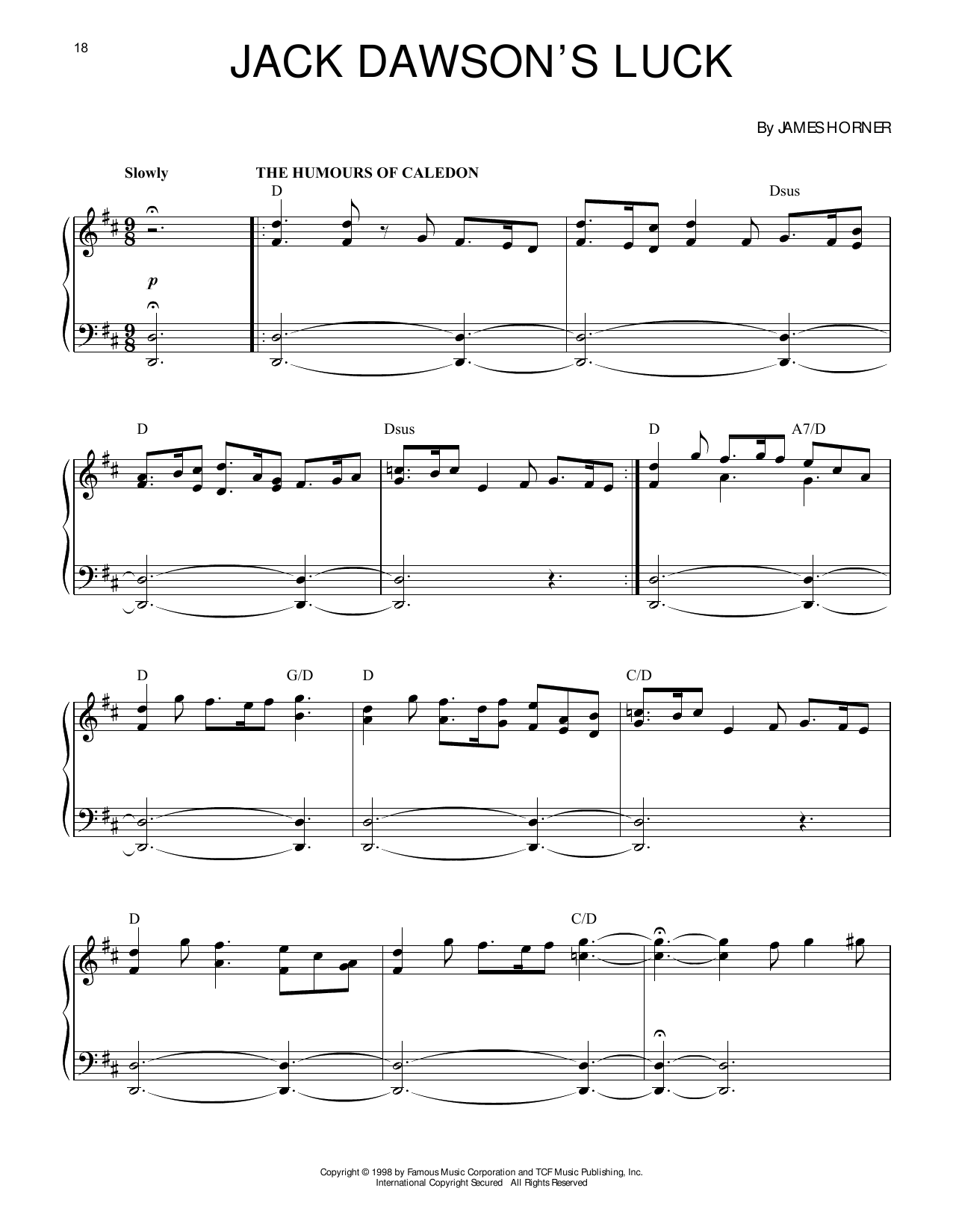 James Horner Jack Dawson's Luck (from Titanic) Sheet Music Notes & Chords for Piano Solo - Download or Print PDF