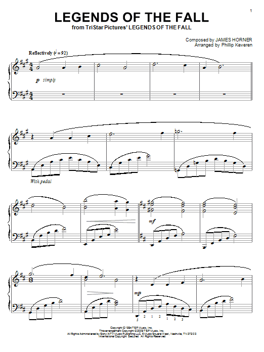 James Horner Legends Of The Fall Sheet Music Notes & Chords for Piano - Download or Print PDF