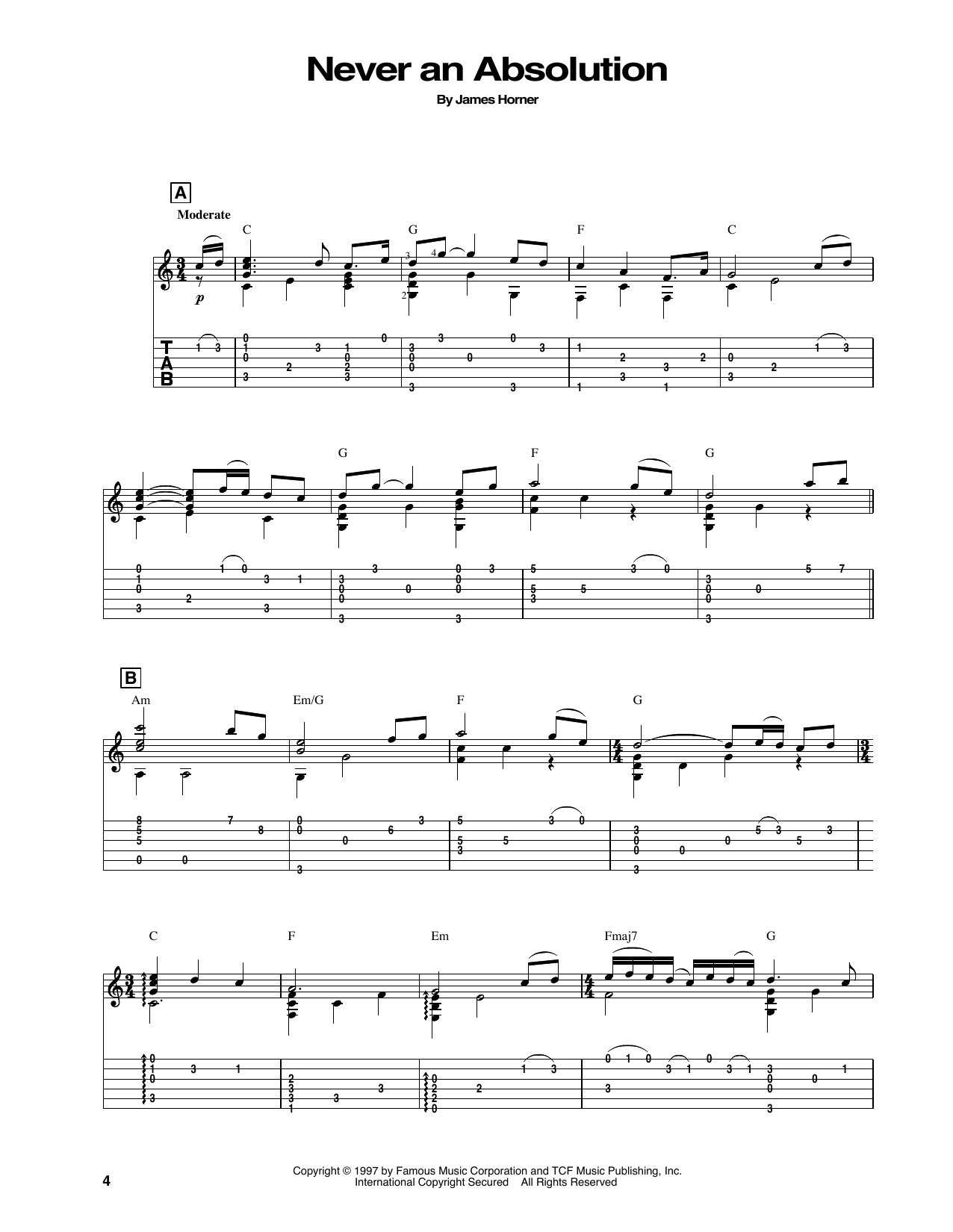 James Horner Never An Absolution (from Titanic) Sheet Music Notes & Chords for Solo Guitar - Download or Print PDF