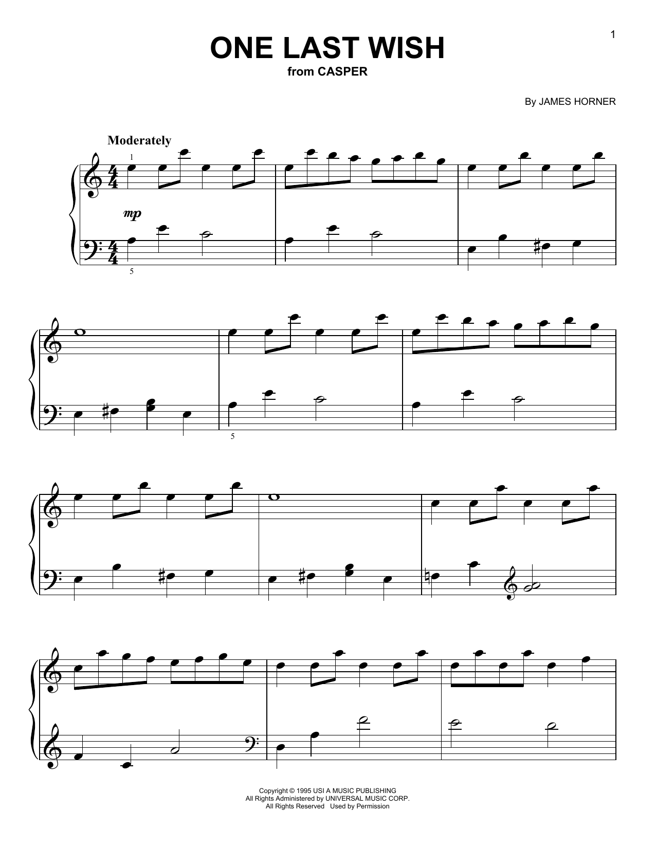 James Horner One Last Wish (from Casper) Sheet Music Notes & Chords for Big Note Piano - Download or Print PDF