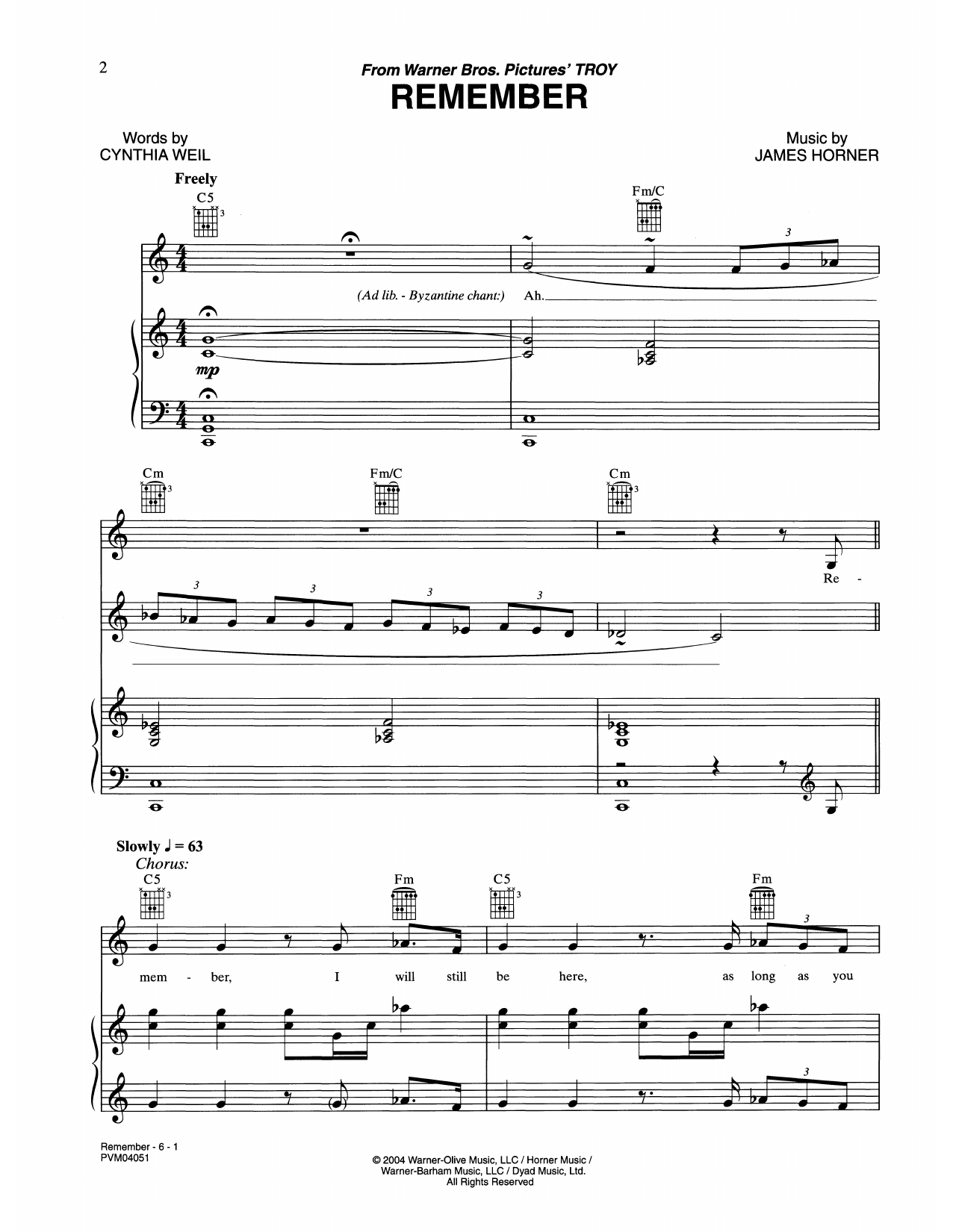 James Horner Remember (from Troy) Sheet Music Notes & Chords for Piano, Vocal & Guitar Chords (Right-Hand Melody) - Download or Print PDF