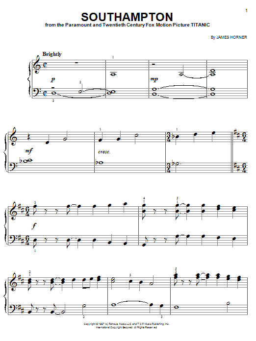 James Horner Southampton Sheet Music Notes & Chords for Piano - Download or Print PDF