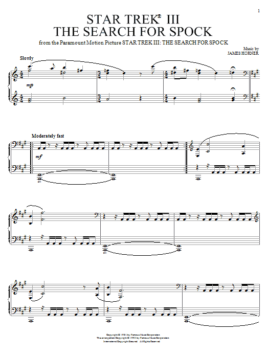 James Horner Star Trek(R) III - The Search For Spock Sheet Music Notes & Chords for Piano - Download or Print PDF