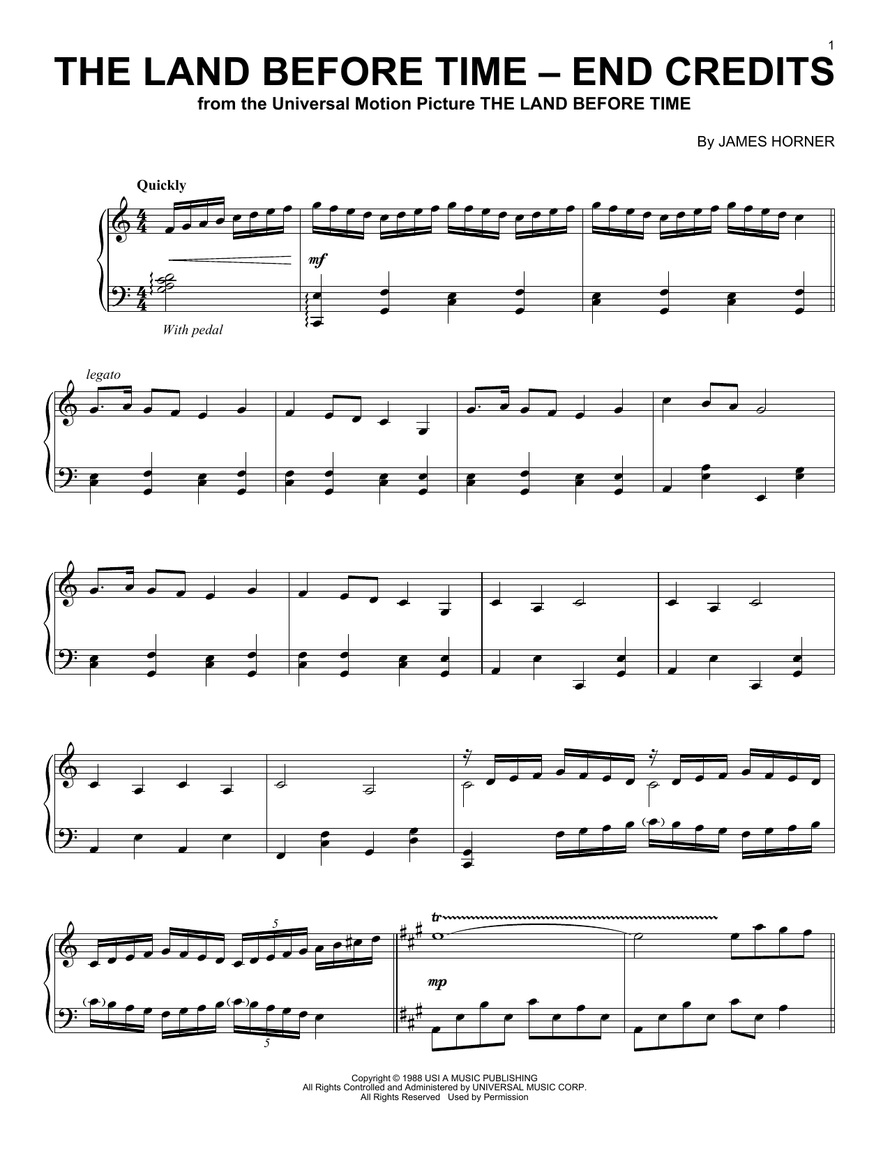 James Horner The Land Before Time - End Credits Sheet Music Notes & Chords for Piano - Download or Print PDF