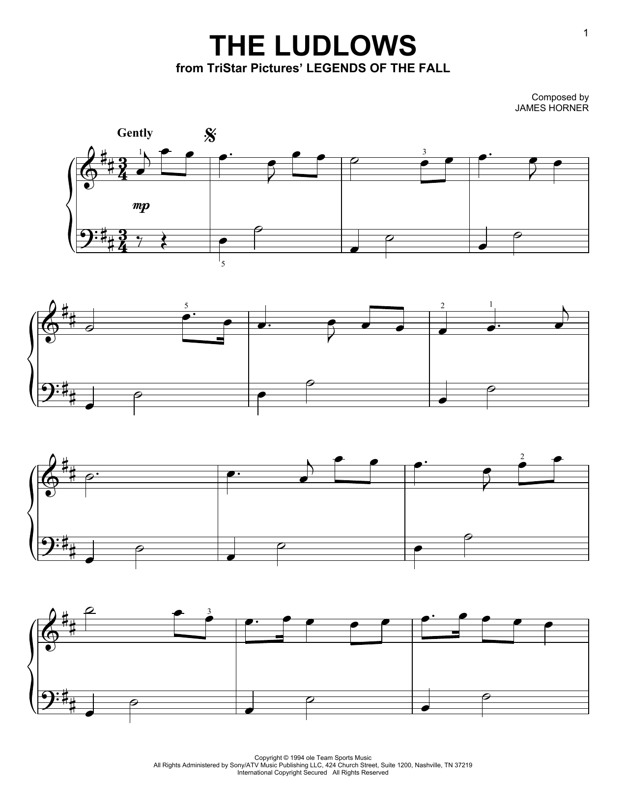 James Horner The Ludlows (from Legends of the Fall) Sheet Music Notes & Chords for Very Easy Piano - Download or Print PDF