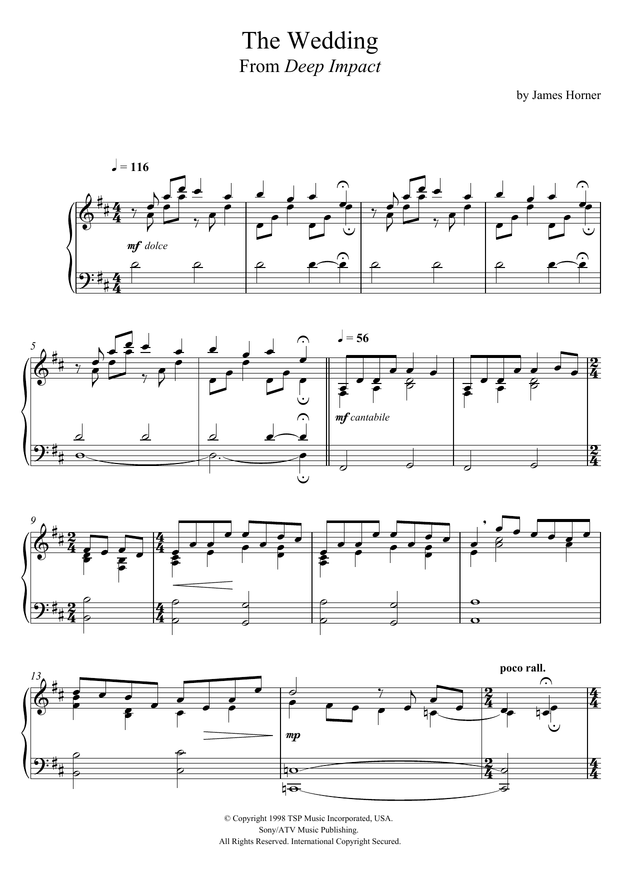 James Horner The Wedding (From 'Deep Impact') Sheet Music Notes & Chords for Piano - Download or Print PDF