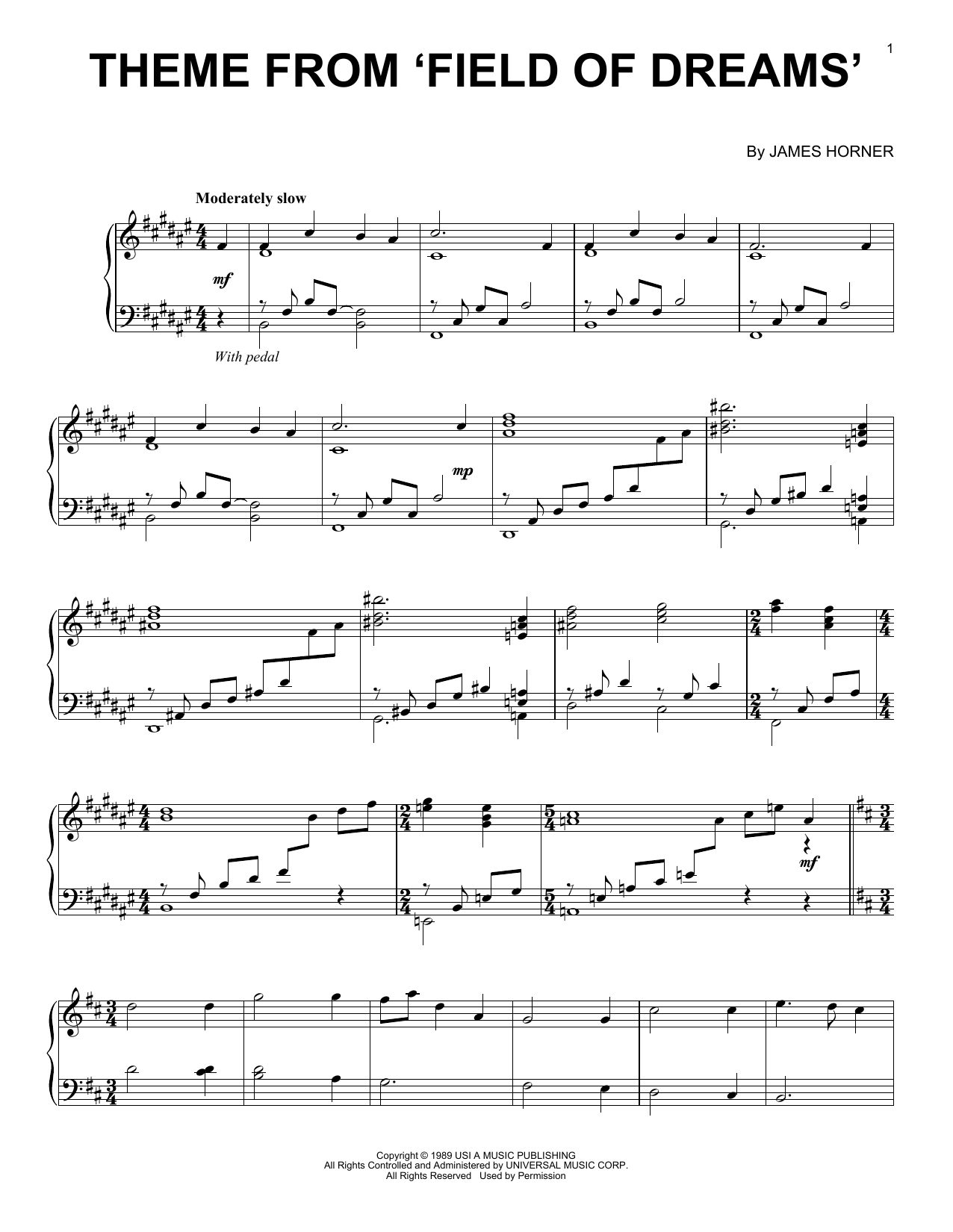 James Horner Theme From Field Of Dreams Sheet Music Notes & Chords for Piano - Download or Print PDF