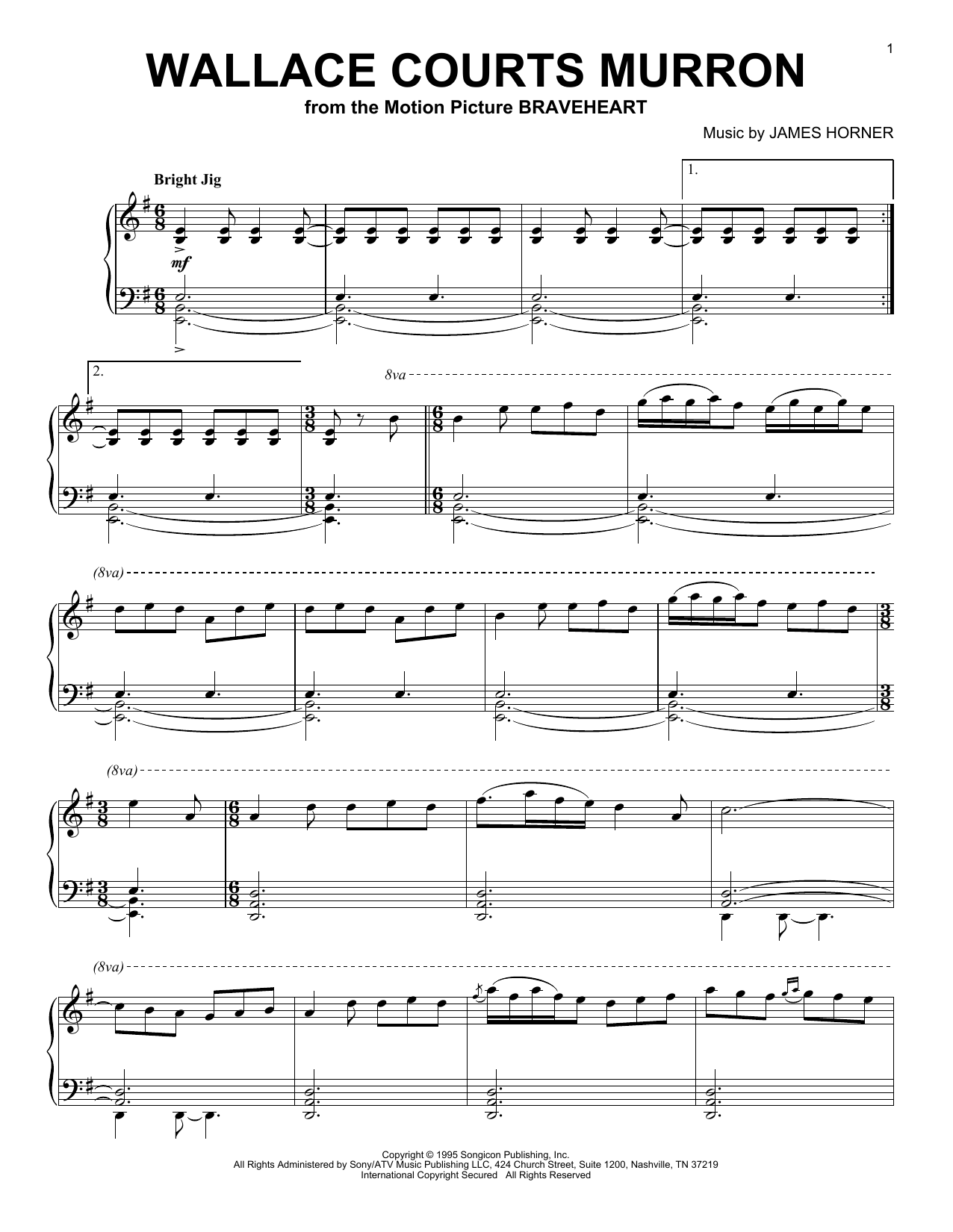 James Horner Wallace Courts Murron Sheet Music Notes & Chords for Piano - Download or Print PDF