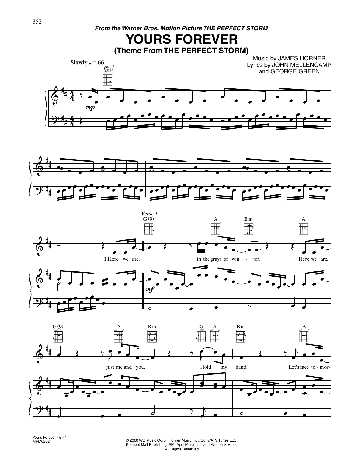 James Horner Yours Forever (from The Perfect Storm) Sheet Music Notes & Chords for Piano, Vocal & Guitar Chords (Right-Hand Melody) - Download or Print PDF