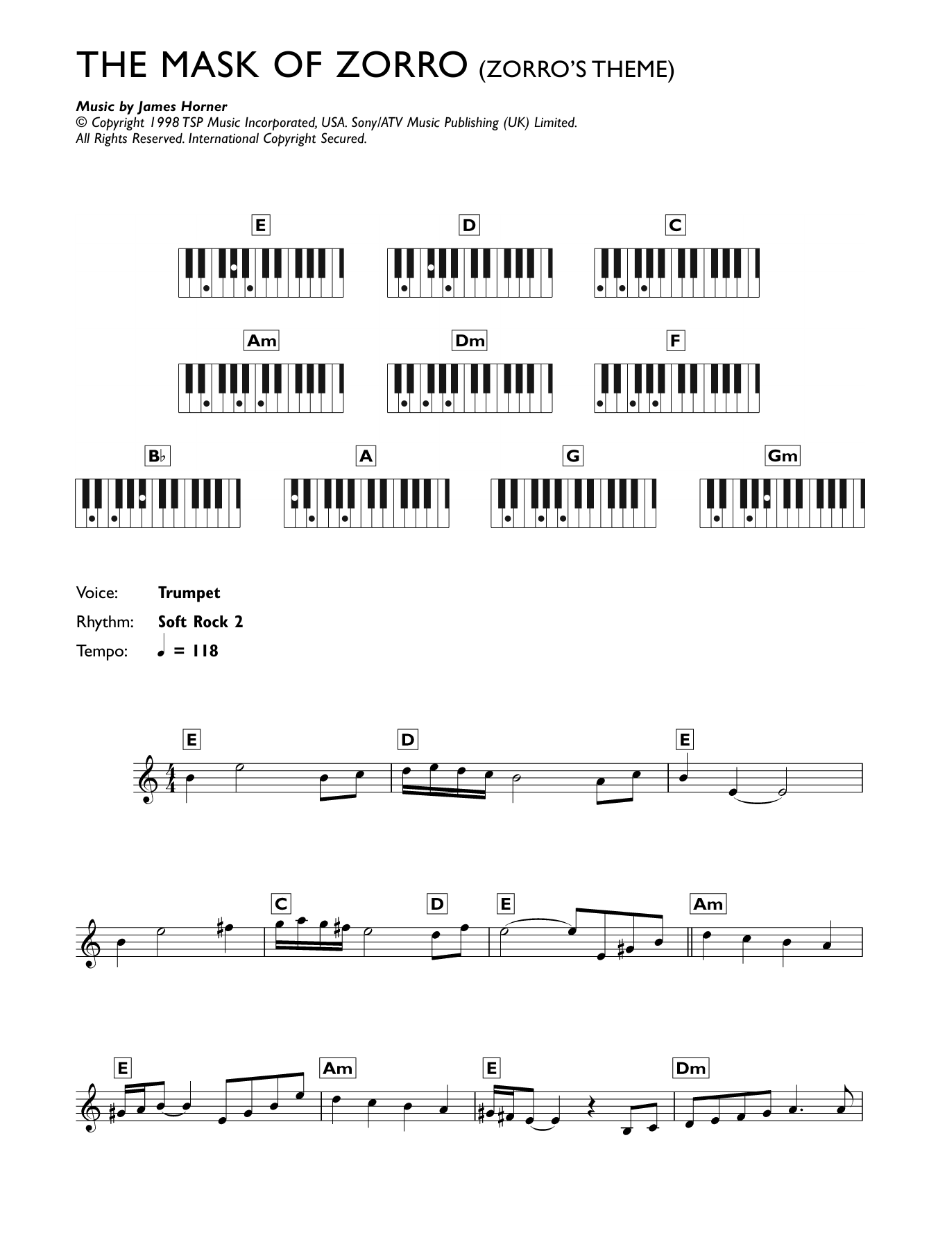 James Horner Zorro's Theme (from The Mask Of Zorro) Sheet Music Notes & Chords for Melody Line & Chords - Download or Print PDF