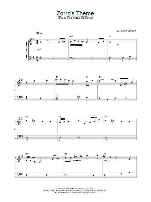 James Horner Zorro's Theme Sheet Music Notes & Chords for Piano - Download or Print PDF