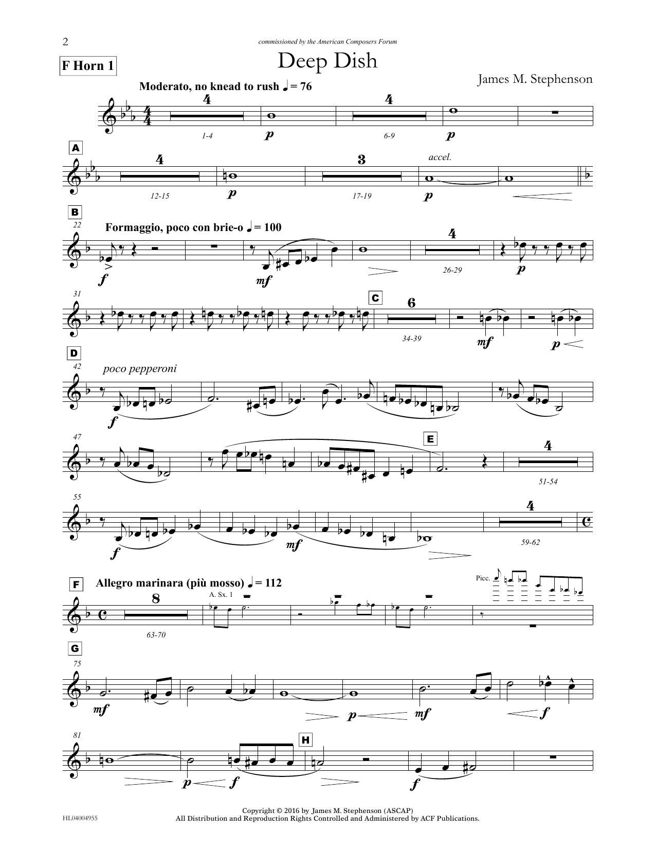 James (Jim) M. Stephenson Deep Dish - F Horn 1 Sheet Music Notes & Chords for Concert Band - Download or Print PDF James (Jim) M. Stephenson Deep Dish - F Horn 1 Sheet Music Notes & Chords for Concert Band - Download or Print PDF