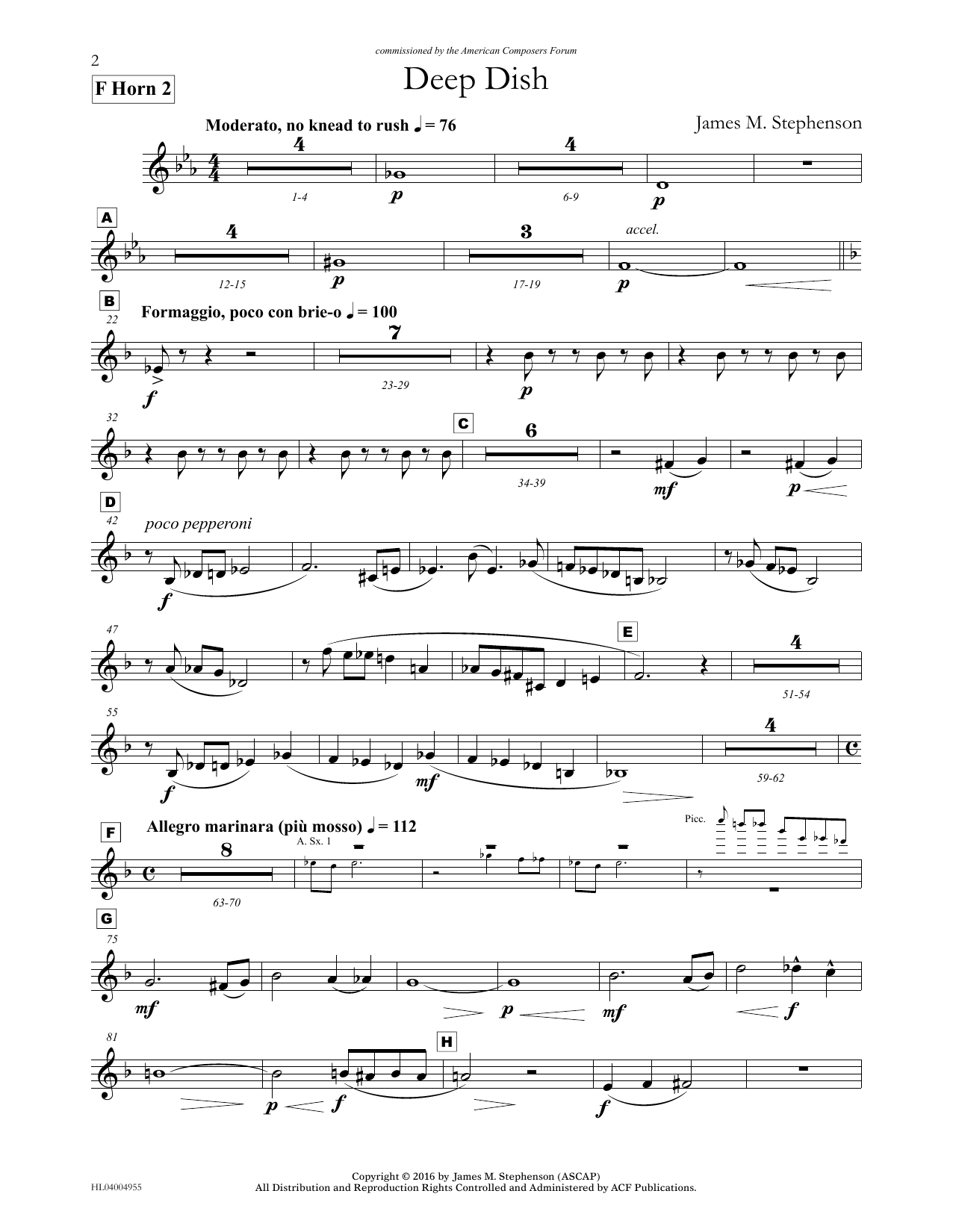 James (Jim) M. Stephenson Deep Dish - F Horn 2 Sheet Music Notes & Chords for Concert Band - Download or Print PDF James (Jim) M. Stephenson Deep Dish - F Horn 2 Sheet Music Notes & Chords for Concert Band - Download or Print PDF