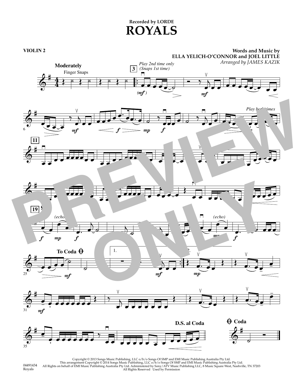James Kazik Royals - Violin 2 Sheet Music Notes & Chords for Orchestra - Download or Print PDF