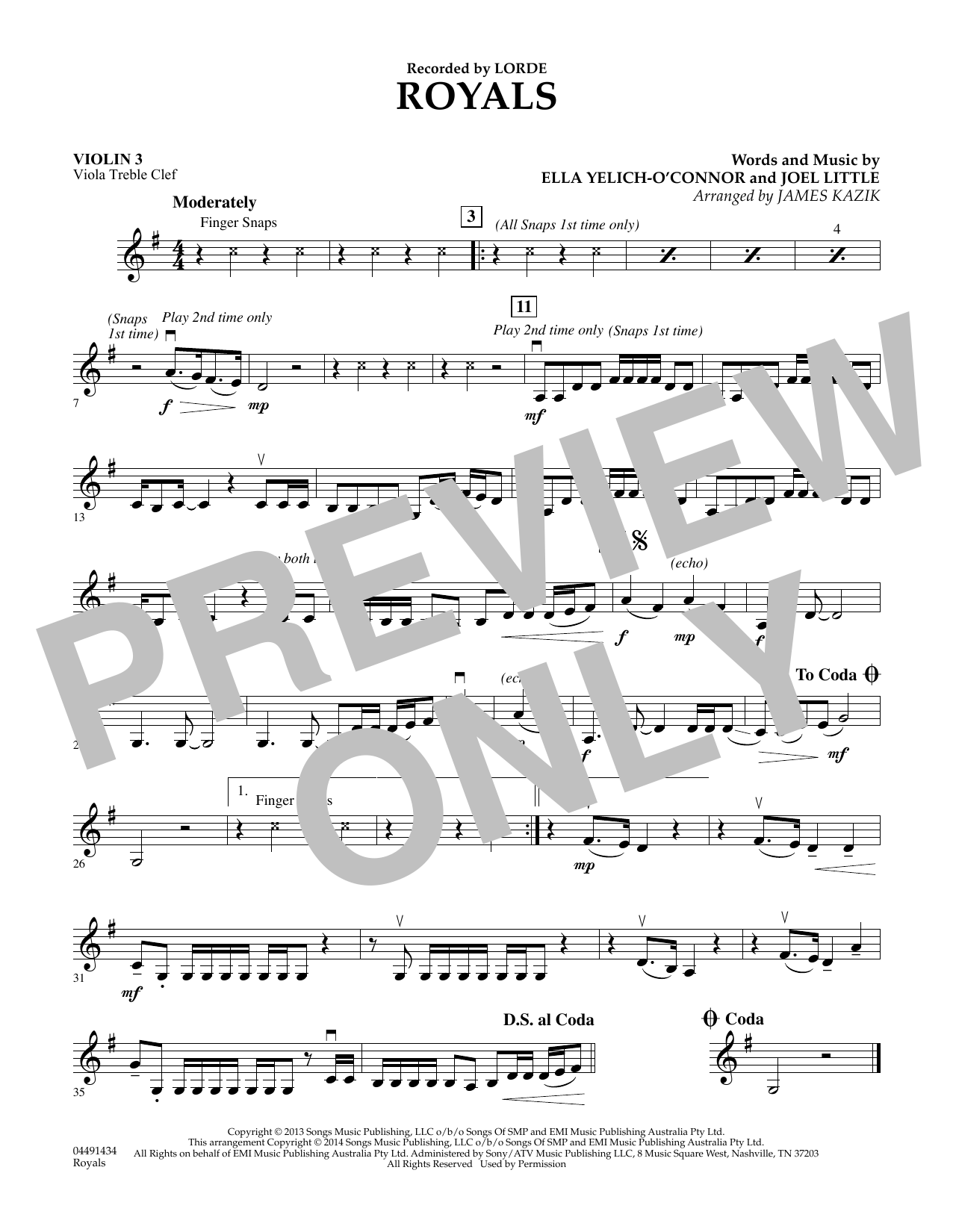 James Kazik Royals - Violin 3 (Viola Treble Clef) Sheet Music Notes & Chords for Orchestra - Download or Print PDF