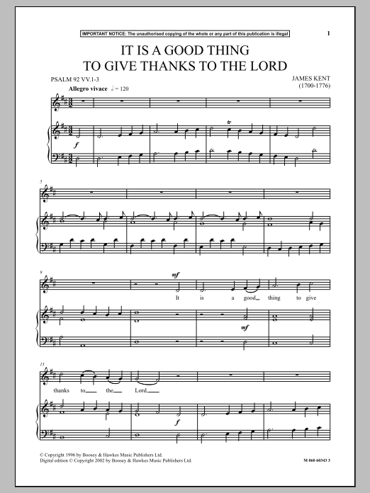 James Kent It Is A Good Thing To Give Thanks To The Lord Sheet Music Notes & Chords for Piano & Vocal - Download or Print PDF