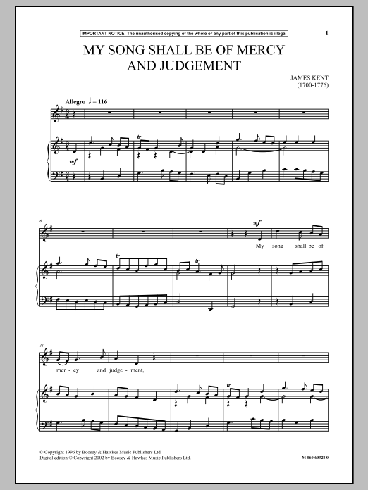 James Kent My Song Shall Be Of Mercy And Judgement Sheet Music Notes & Chords for Piano & Vocal - Download or Print PDF