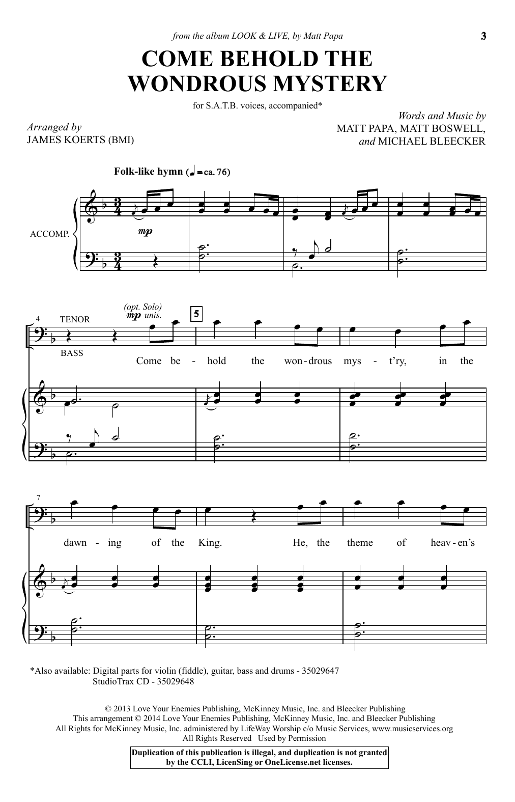 James Koerts Come Behold The Wondrous Mystery Sheet Music Notes & Chords for SATB - Download or Print PDF